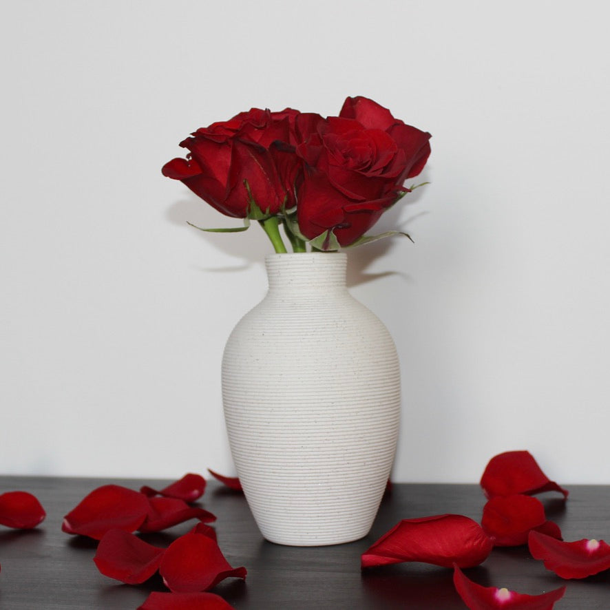 Curvy vase holding vibrant red roses, beautifully arranged in a romantic Valentine's Day setting with soft lighting, rose petals, and an elegant atmosphere