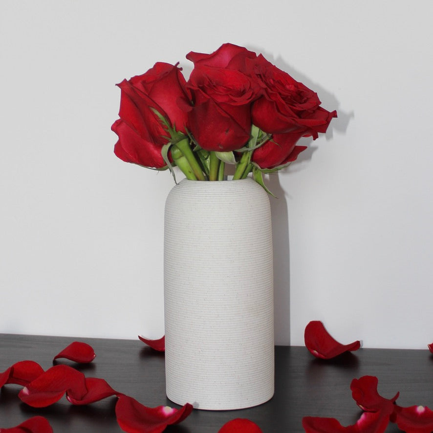 Twin vase with vibrant red roses, elegantly displayed in a romantic Valentine's Day setting, adding a touch of love and beauty to the atmosphere with soft lighting and rose petals.
