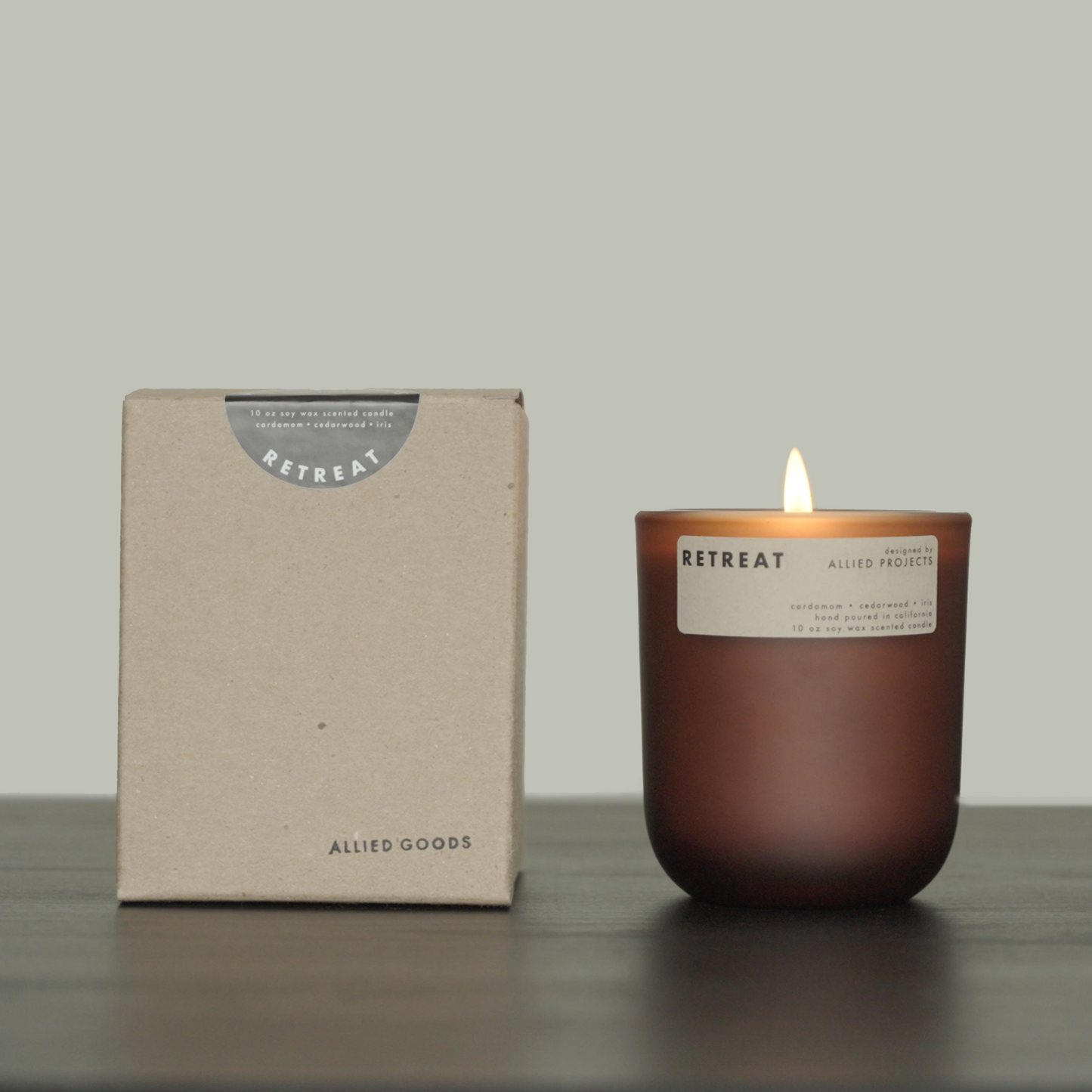 Retreat luxury candle by Allied Goods, designed for a rejuvenating, fresh home fragrance. Eco-friendly Retreat candle with light fragrance, ideal for relaxation and self-care. Luxury candle with clean-burning wax and natural fragrance by Allied Goods. Eco-friendly candle with sustainable ingredients for a refreshing home scent.