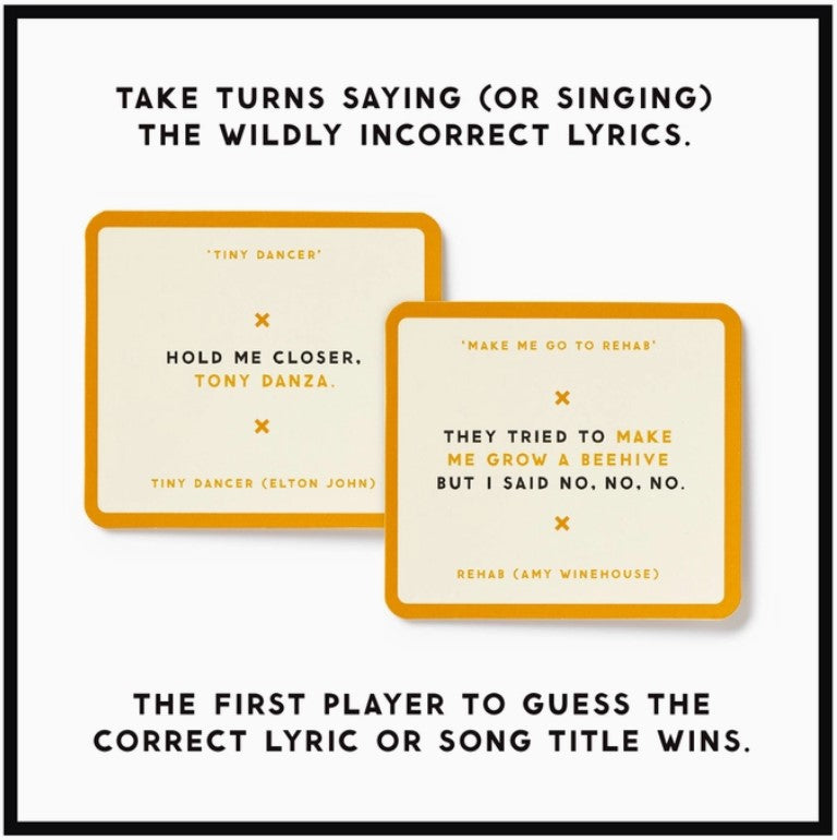 Misunderstood Songs card game by Allied Goods, offering fun and laughter with misheard lyrics. Allied Goods Misunderstood Songs card game, perfect for parties and music lovers. Engaging Misunderstood Songs game, where players guess popular lyrics in this entertaining card game. Allied Goods Misunderstood Songs card game, a playful twist on classic tunes for game night fun.