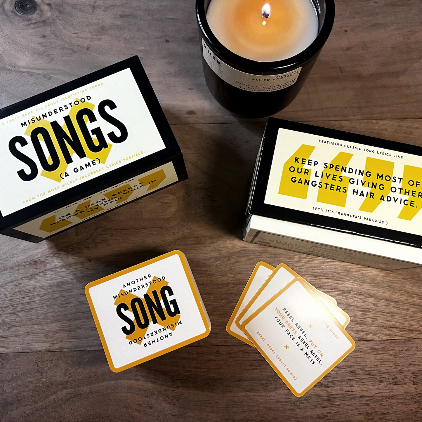 Misunderstood Songs card game by Allied Goods, offering fun and laughter with misheard lyrics. Allied Goods Misunderstood Songs card game, perfect for parties and music lovers. Engaging Misunderstood Songs game, where players guess popular lyrics in this entertaining card game. Allied Goods Misunderstood Songs card game, a playful twist on classic tunes for game night fun.